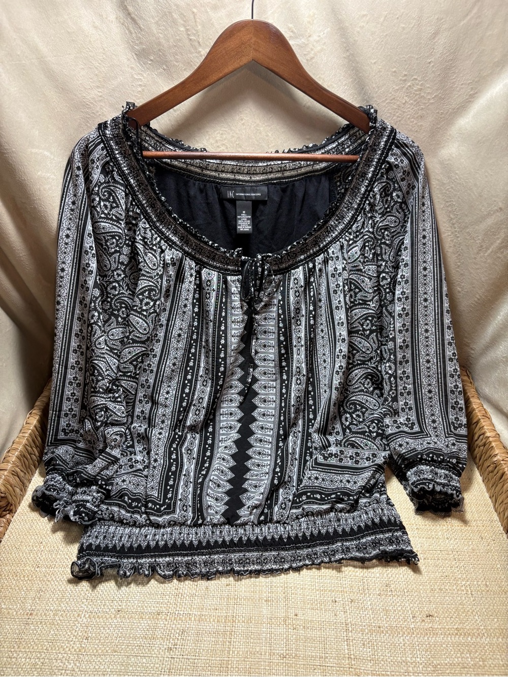 Summer Sale INC International Concepts Black White Paisley Boho Peasant Blouse